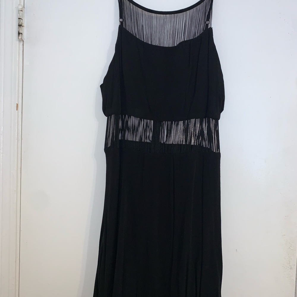 Black Fringe Detail Mini Dress with Sheer Yoke
